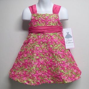 Rare Editions Soutache Bonaz Taffeta A-line Special Occasion Dress Pink Green 2T